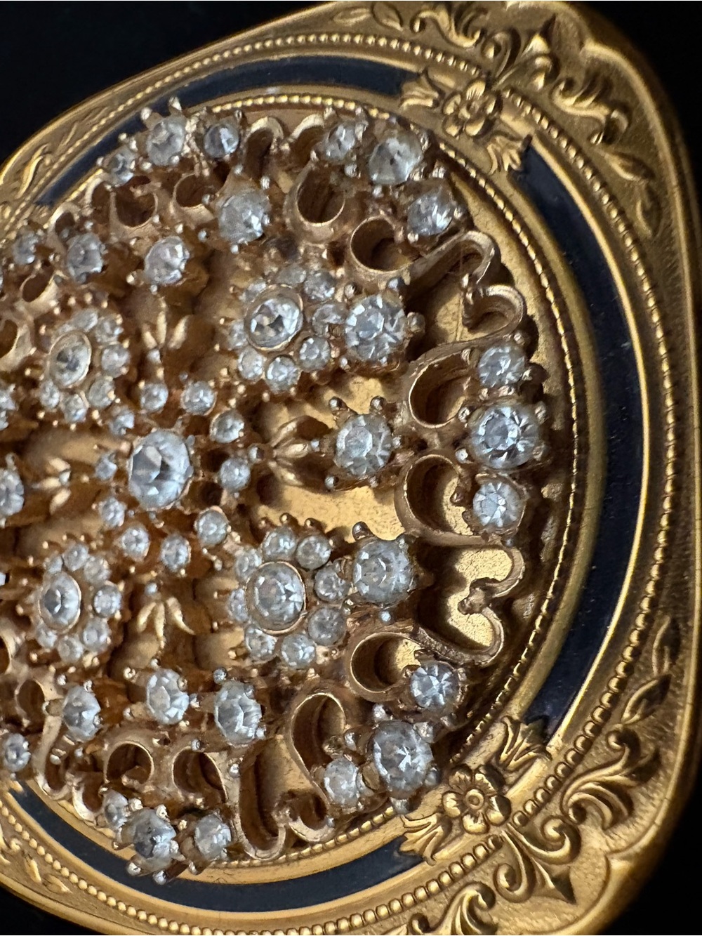 Vintage 1950s Gold Tone Rhinestone Powder Compact Mirror - Picture 2 of 8